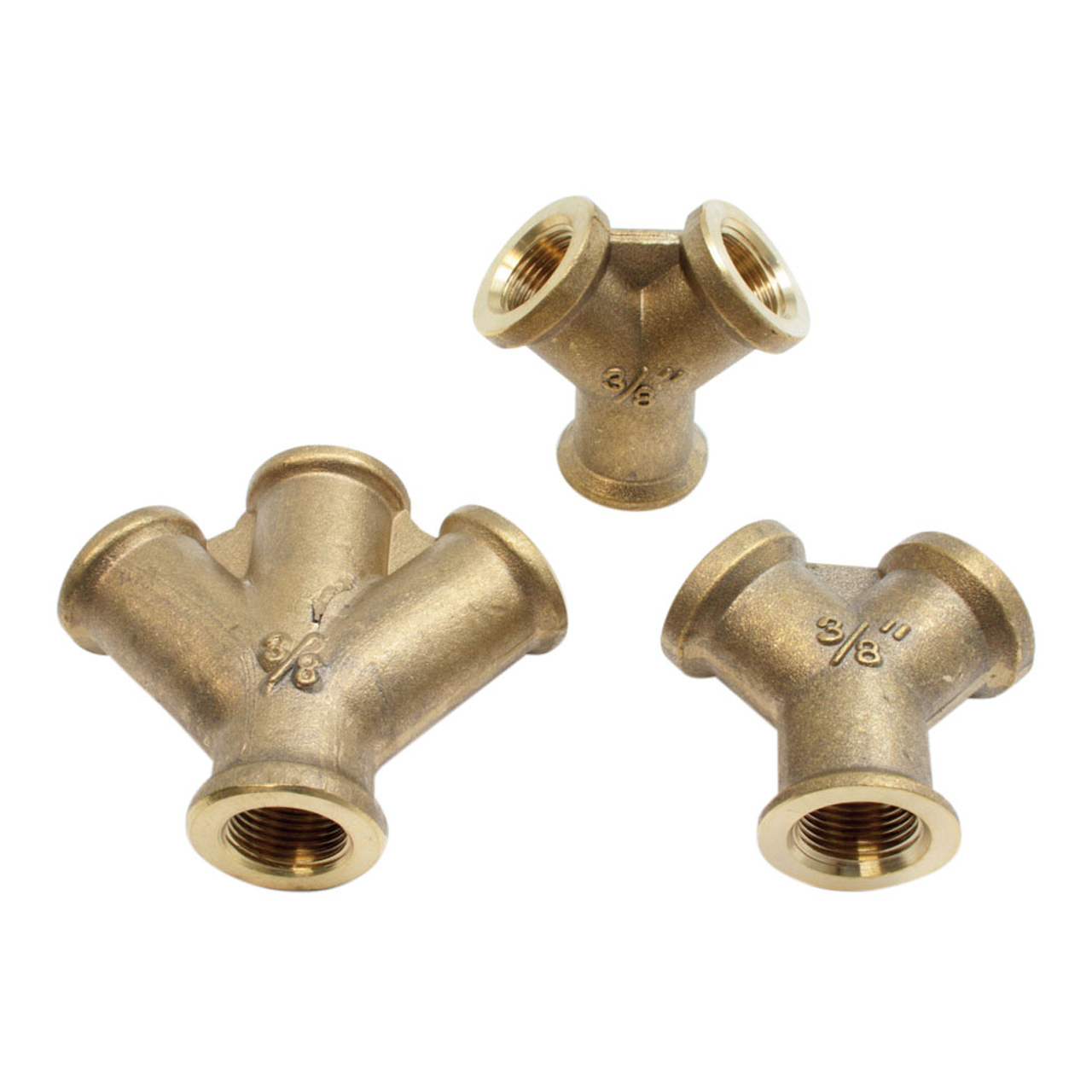 Drei Mehrfachverteiler aus Messing mit Innengewinde in verschiedenen Größen