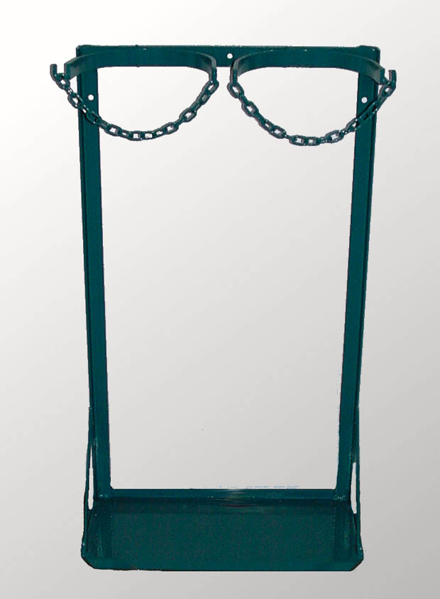 Metallständer mit zwei Ketten zur Sicherung von Gasflaschen und Ablagefach unten