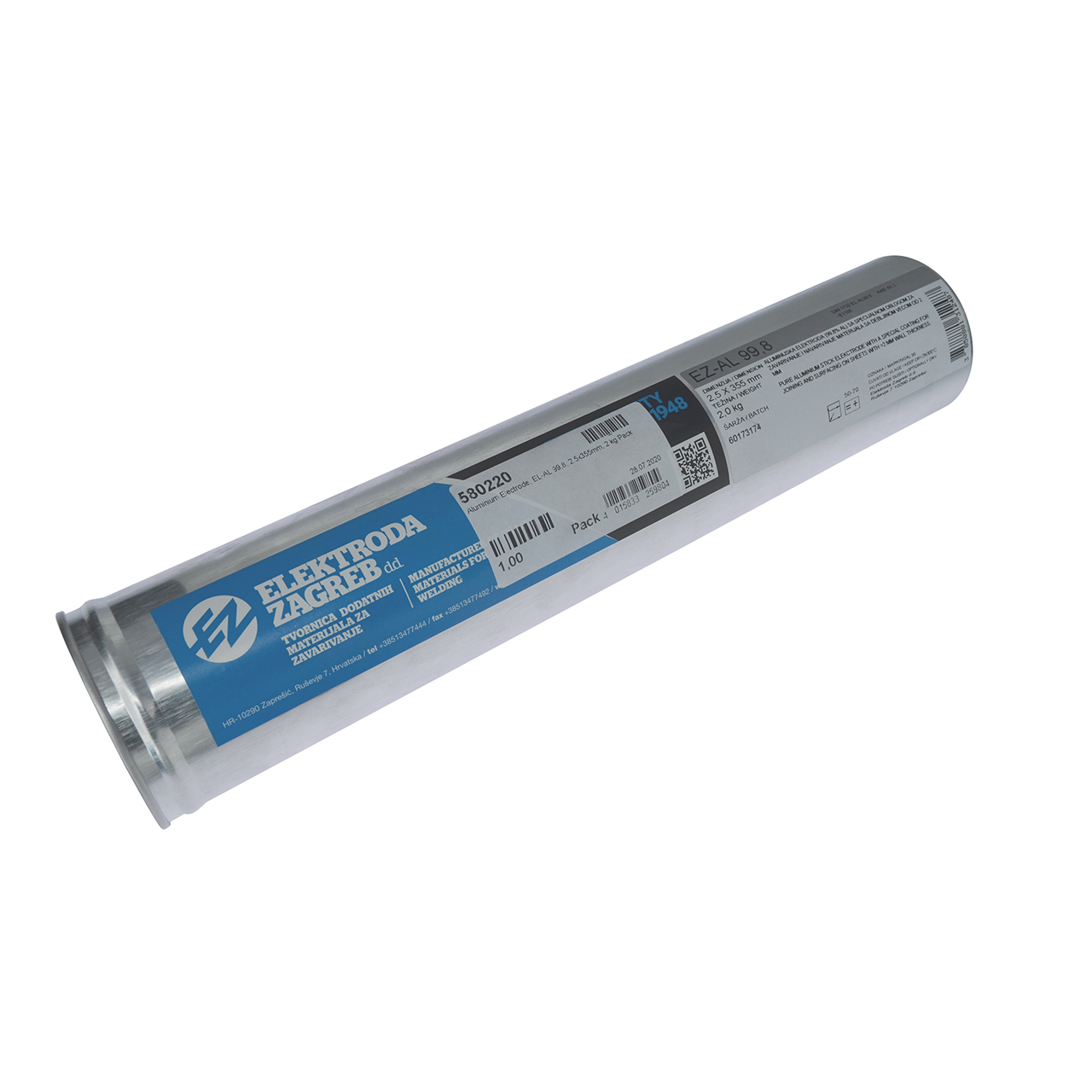 Aluminium-Schweißelektroden EZ-AL 99.8 von Elektroda Zagreb in runder Metallverpackung mit blauem Etikett