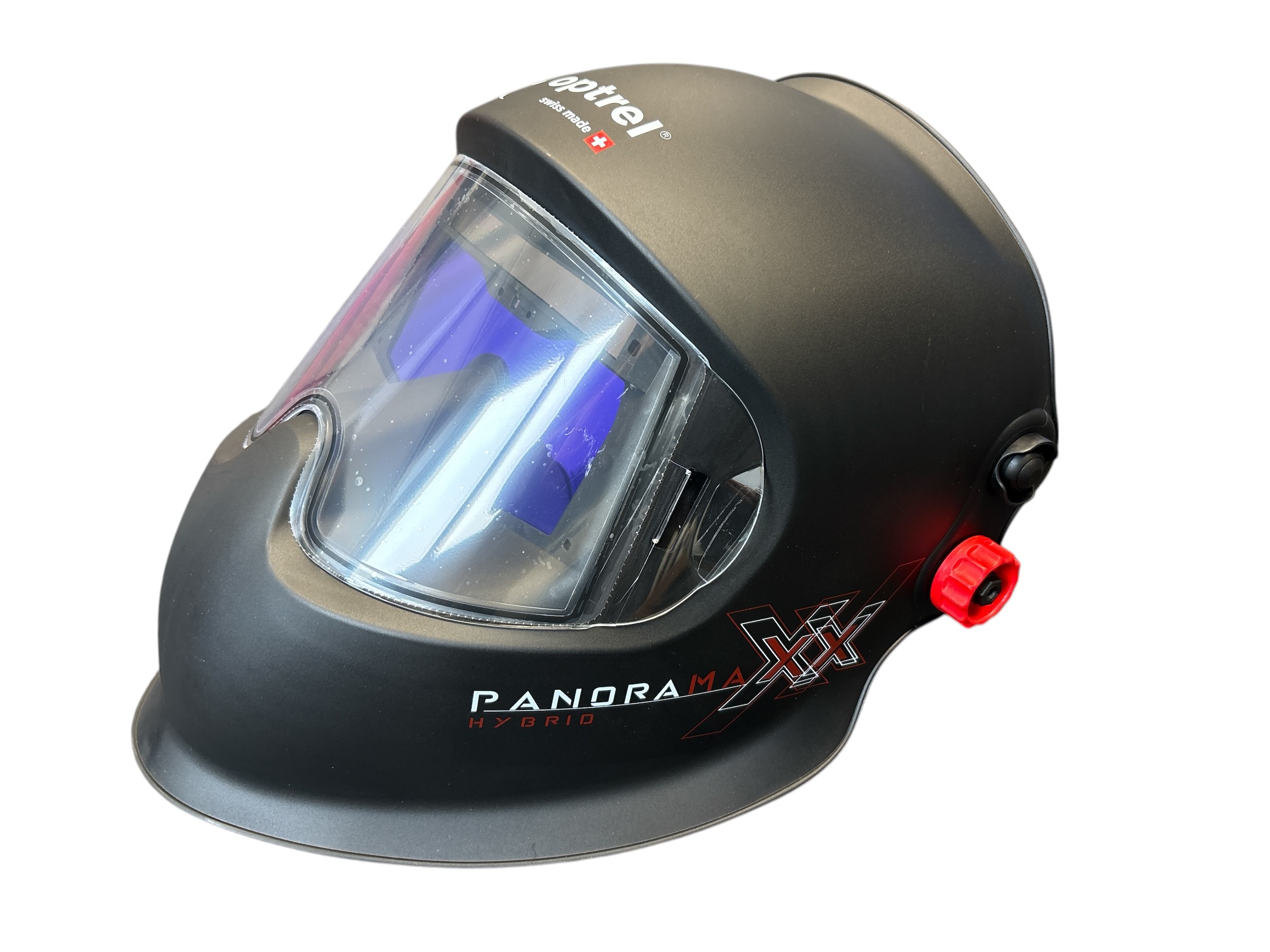Schwarzer Schweißhelm Panoramaxx Hybrid mit großem Sichtfenster und rotem Einstellrad