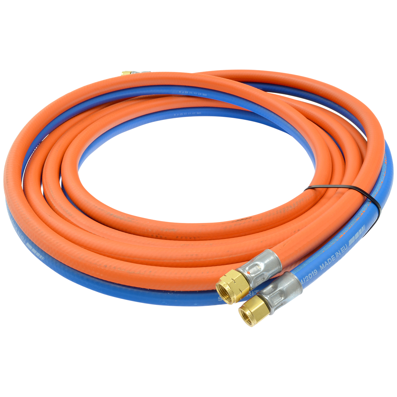 Zwillingsschlauch für Schweißgeräte mit orangefarbenem und blauem Schlauch, Metallanschlüssen und ISO 3821 Norm