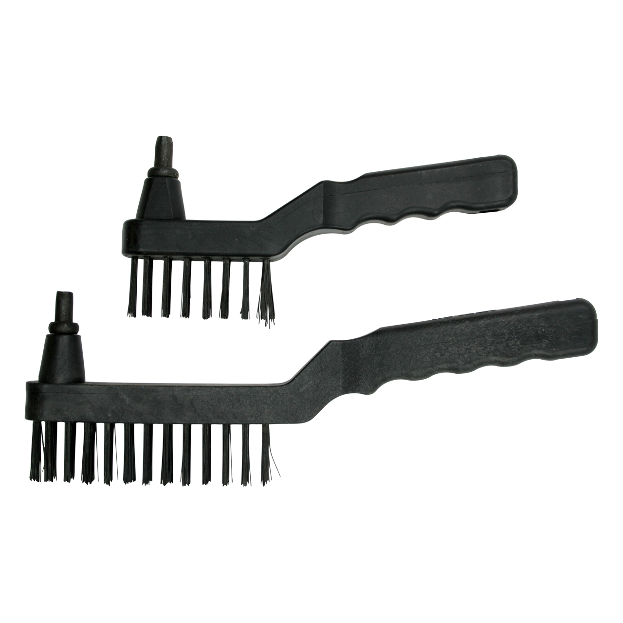 Zwei schwarze Drahtbürsten mit Kunststoffgriff und integriertem Hammerkopf