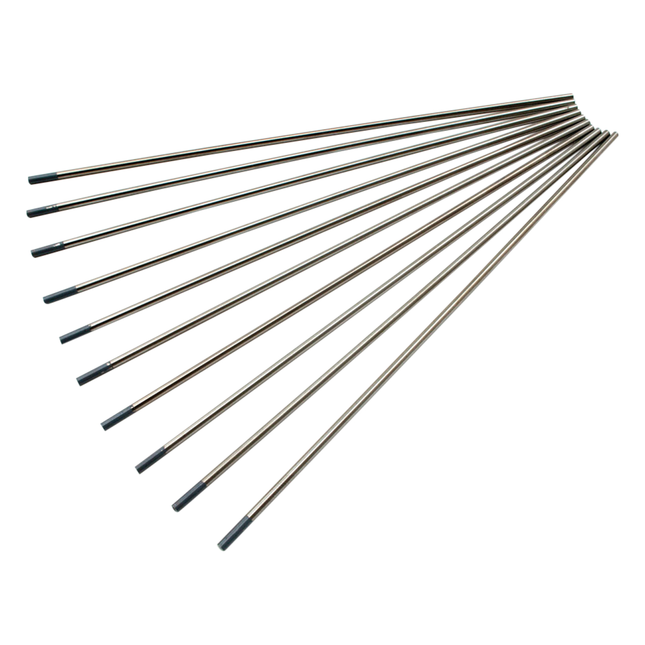 Zehn silberne WIG-Wolframelektroden mit grauen Spitzen nebeneinander angeordnet