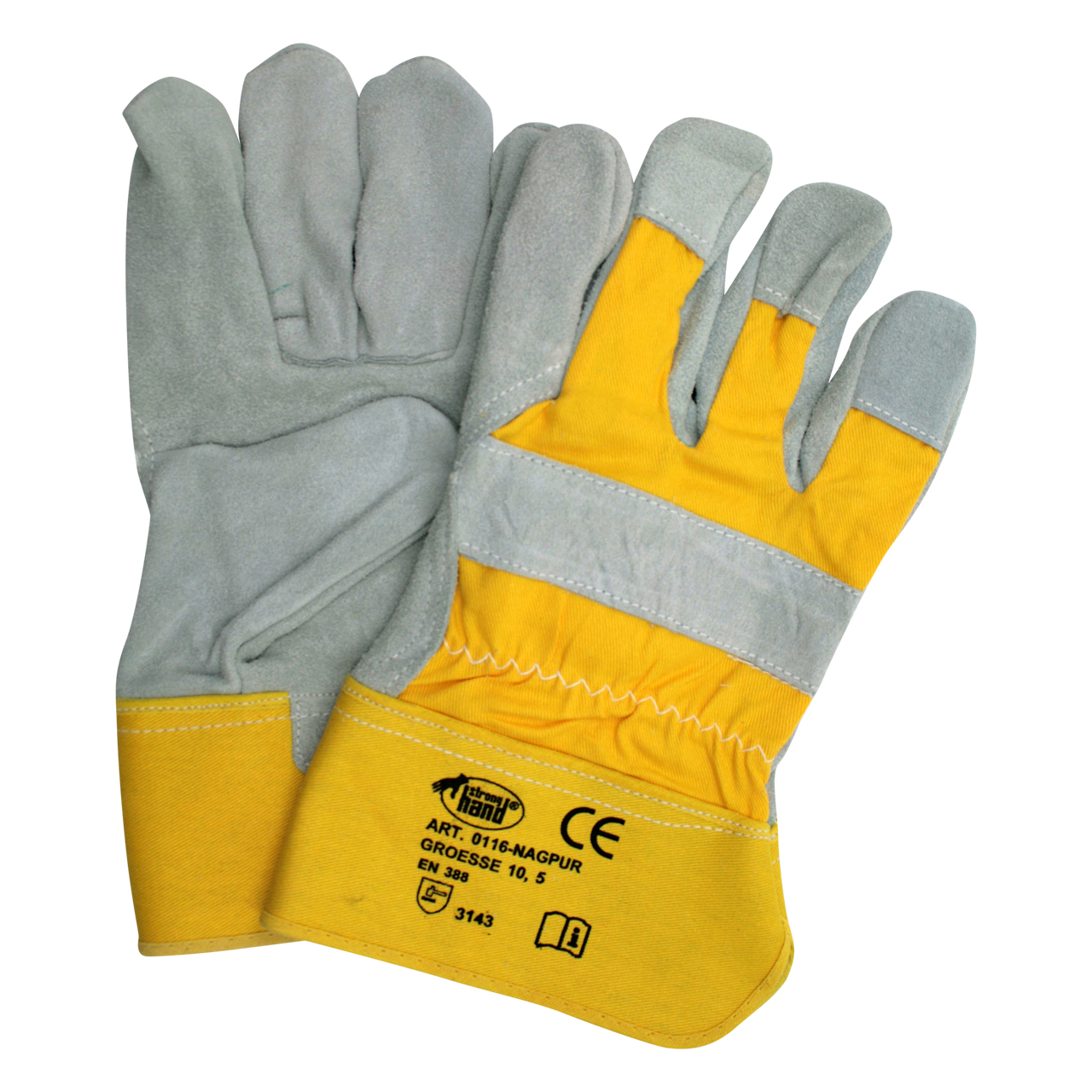 Arbeitshandschuhe aus gelbem Stoff mit grauen Lederverstärkungen und Aufdruck 'Art. 0116-NAGPUR Größe 10,5'