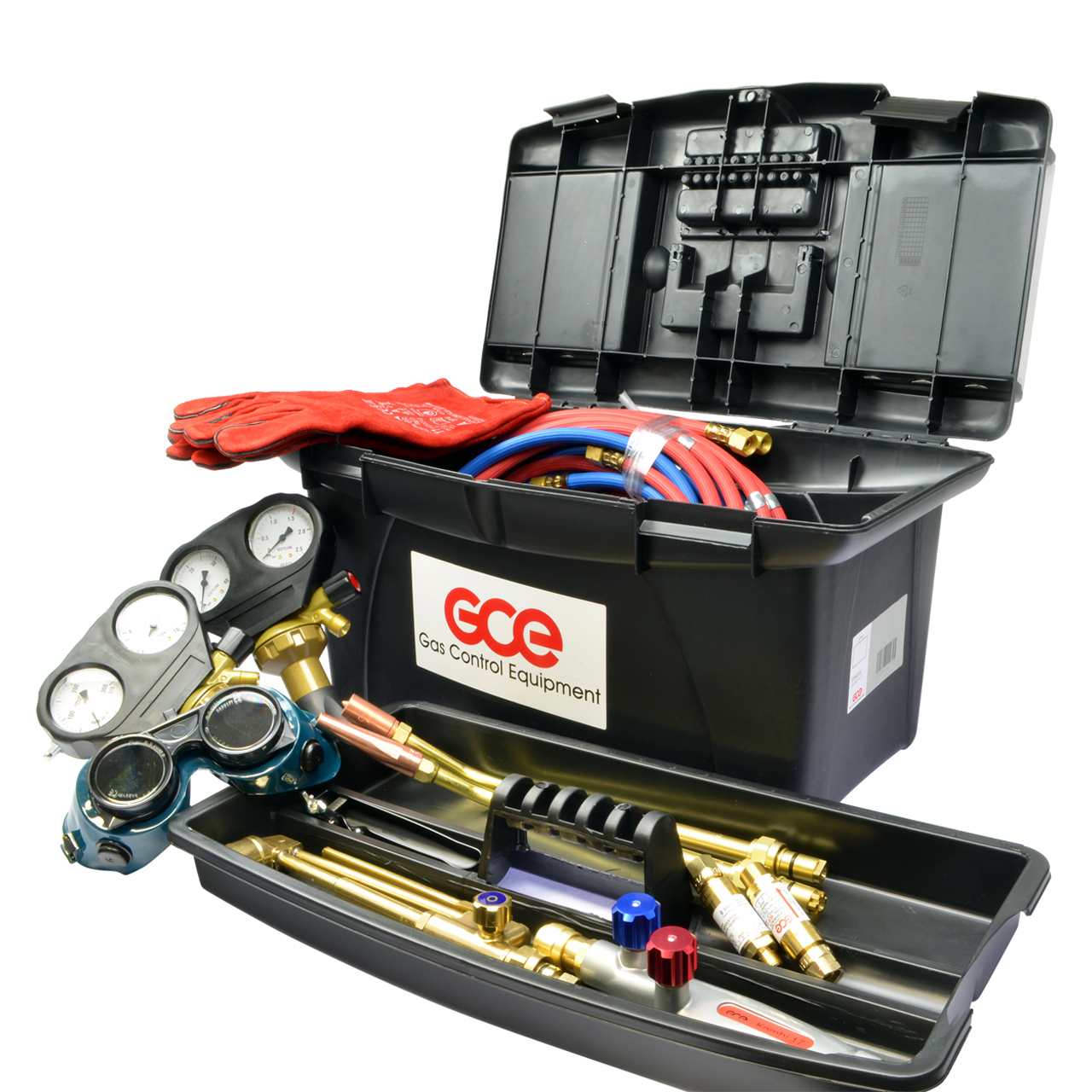 Schwarze Autogenbox mit Schweißschutzhandschuhen, Druckreglern, Schweißschlauch in Rot und Blau und Autogenschweißbrenner