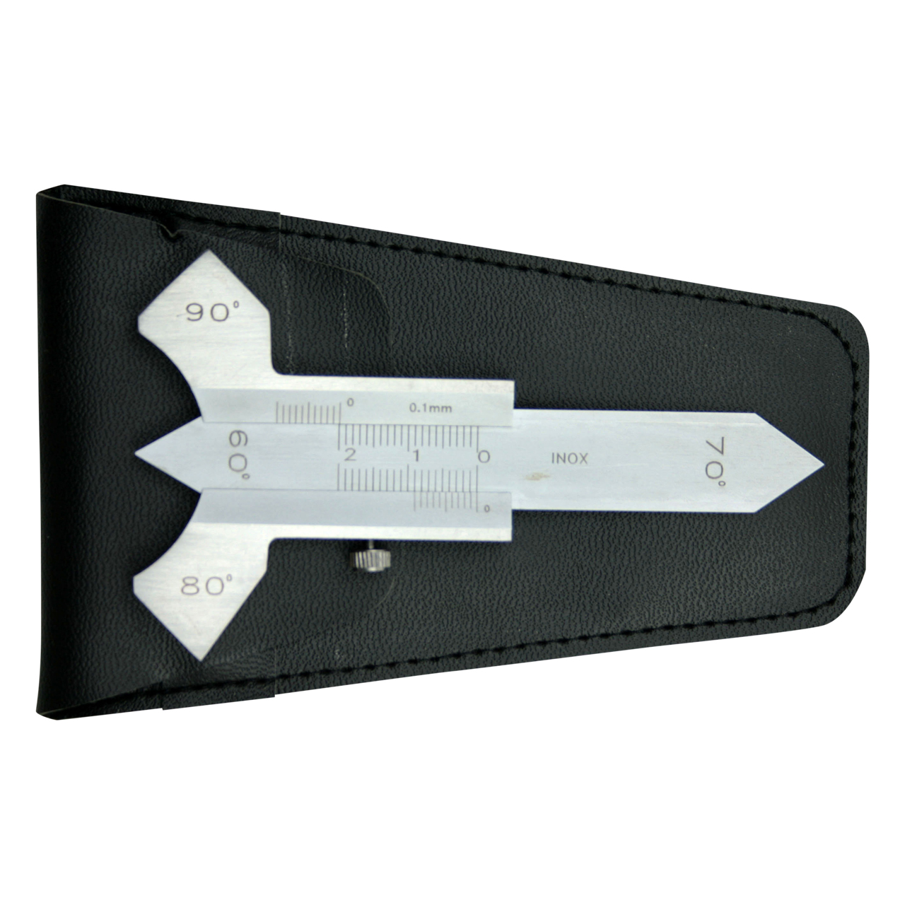 Schweißnahtlehre aus Edelstahl mit Nonius, Winkeln 60°, 70°, 80° und 90°, auf schwarzer Ledertasche