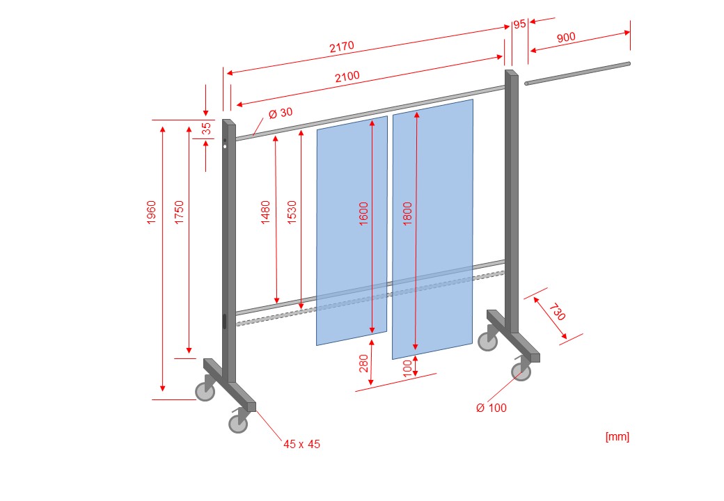 Technische Zeichnung eines mobilen Schutzschilds mit Abmessungen in Millimetern, inklusive Höhe, Breite, Rohrdurchmesser und Radgröße.