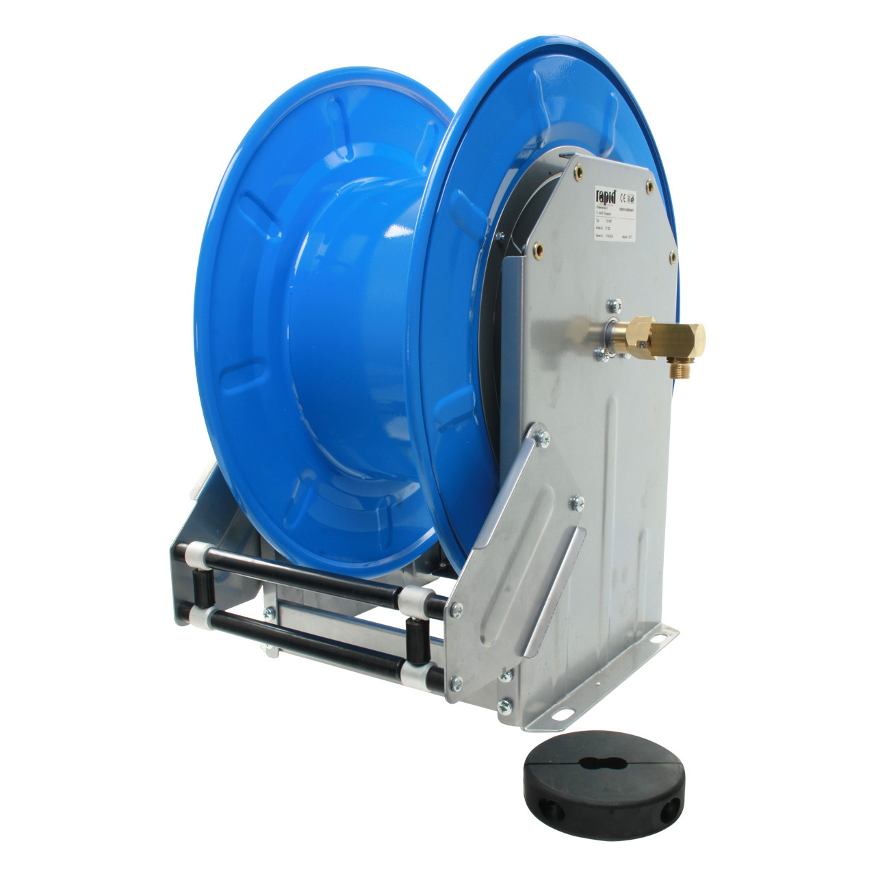 Automatischer Schlauchaufroller mit blauem Metallgehäuse und grauer Halterung