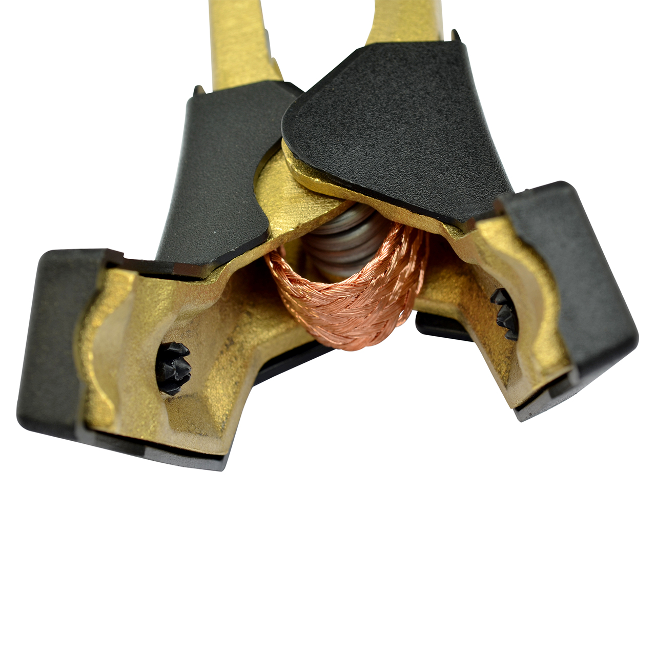 Gekröpfte Batterieklemme aus Metall mit schwarzer Kunststoffummantelung und Kupferlitze innen