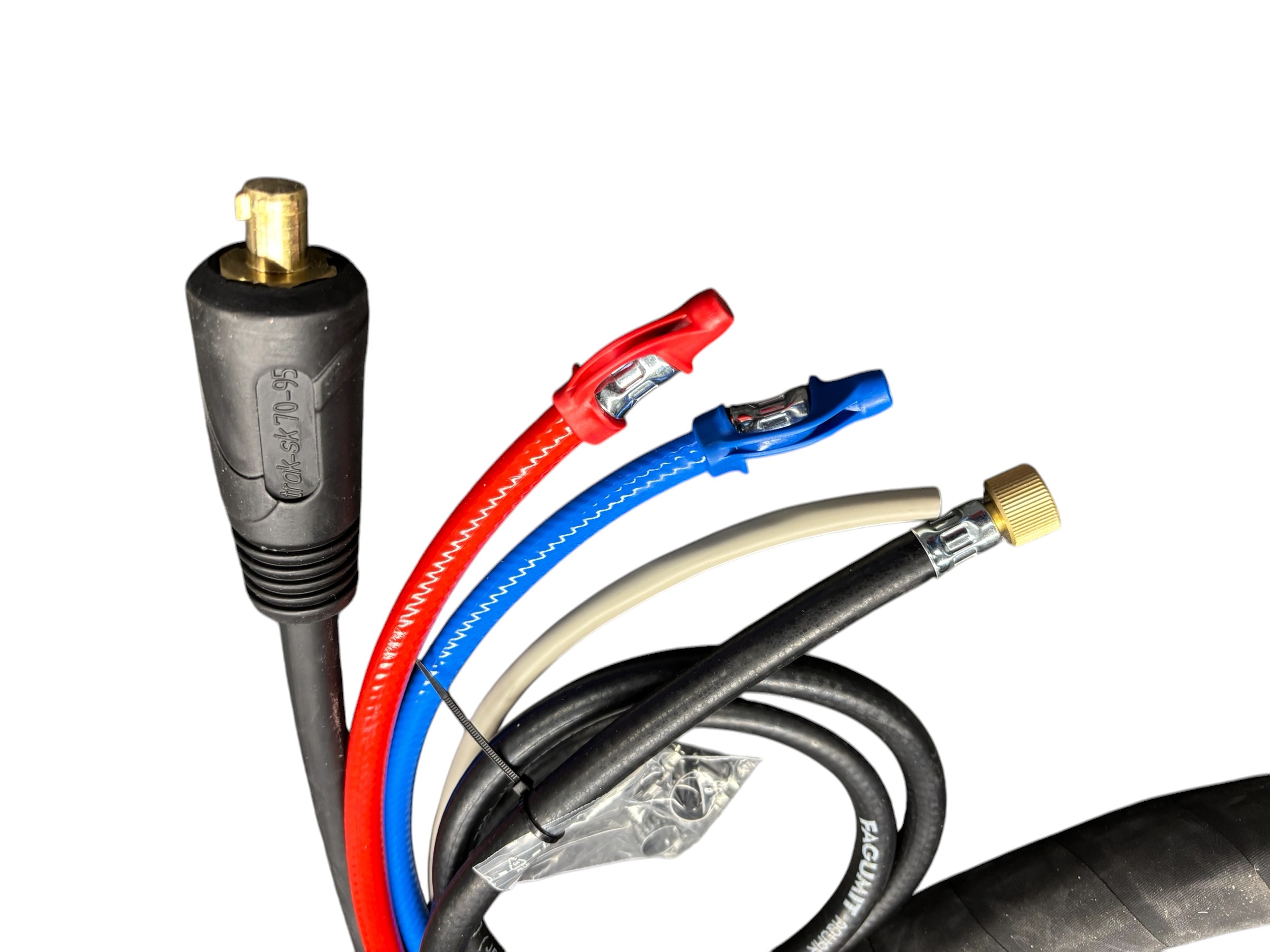 Zwischenschlauchpaket für Schweißmaschinen mit schwarzem Schutzschlauch, integrierten Gas- und Wasserschläuchen sowie elektrischen Steckverbindern, freigestellt auf weißem Hintergrund.