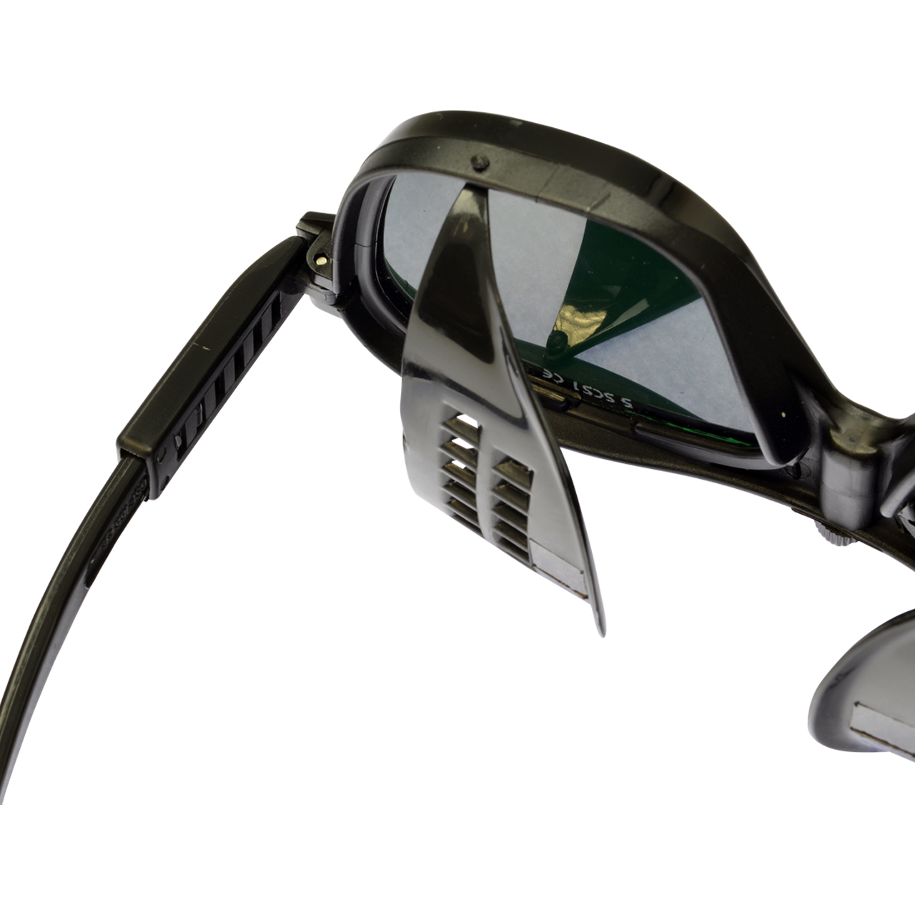 Schutzbrille mit schwarzem Rahmen und seitlichen Lüftungsklappen