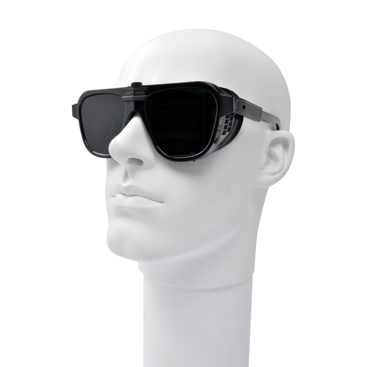 Schutzbrille mit schwarzem Rahmen und getönten Gläsern auf weißem Modellkopf