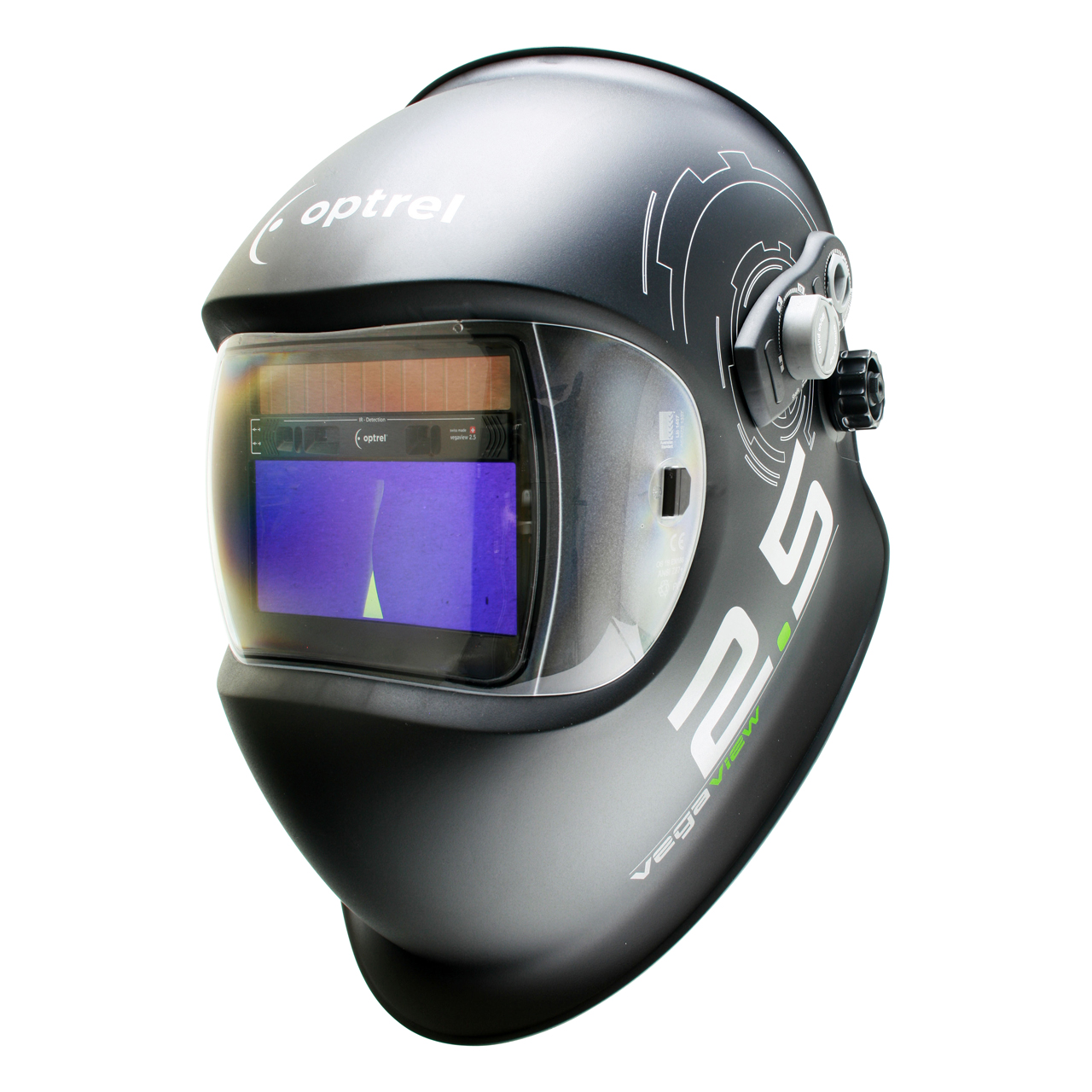 Schwarzer Schweißhelm Optrel VegaView 2.5 mit großem Sichtfenster und Einstellknöpfen