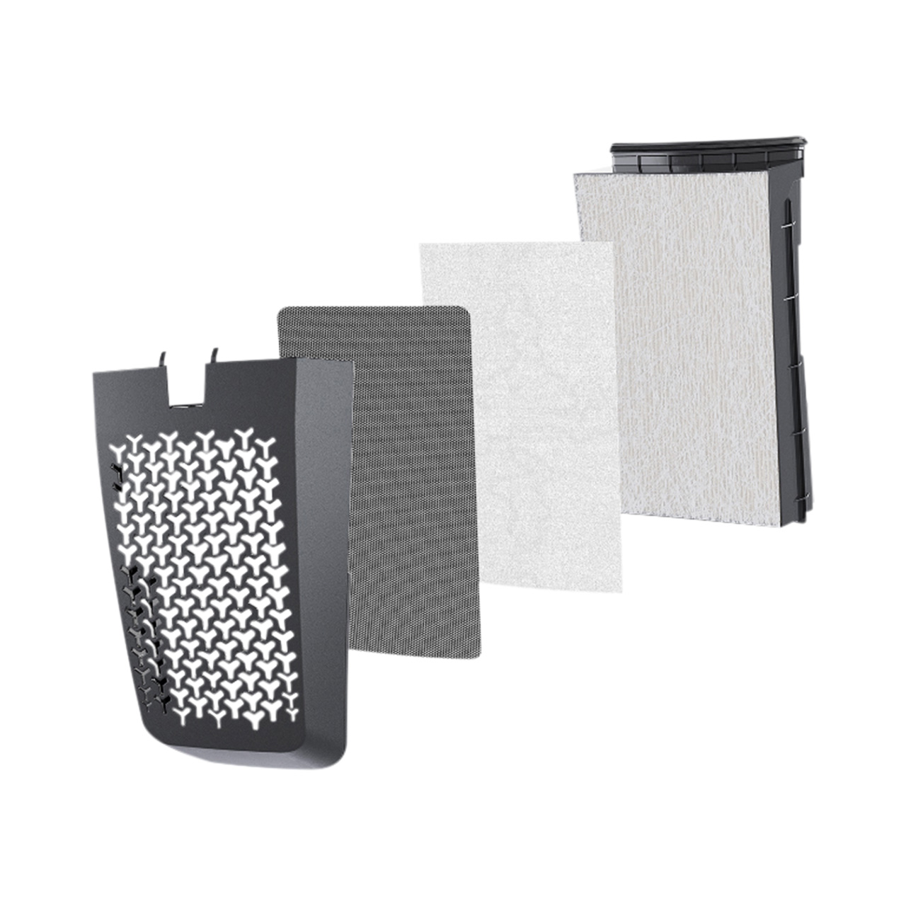 Mehrschichtiger Filtereinsatz mit schwarzem Kunststoffrahmen und verschiedenen Filtermaterialien in Grau und Weiß