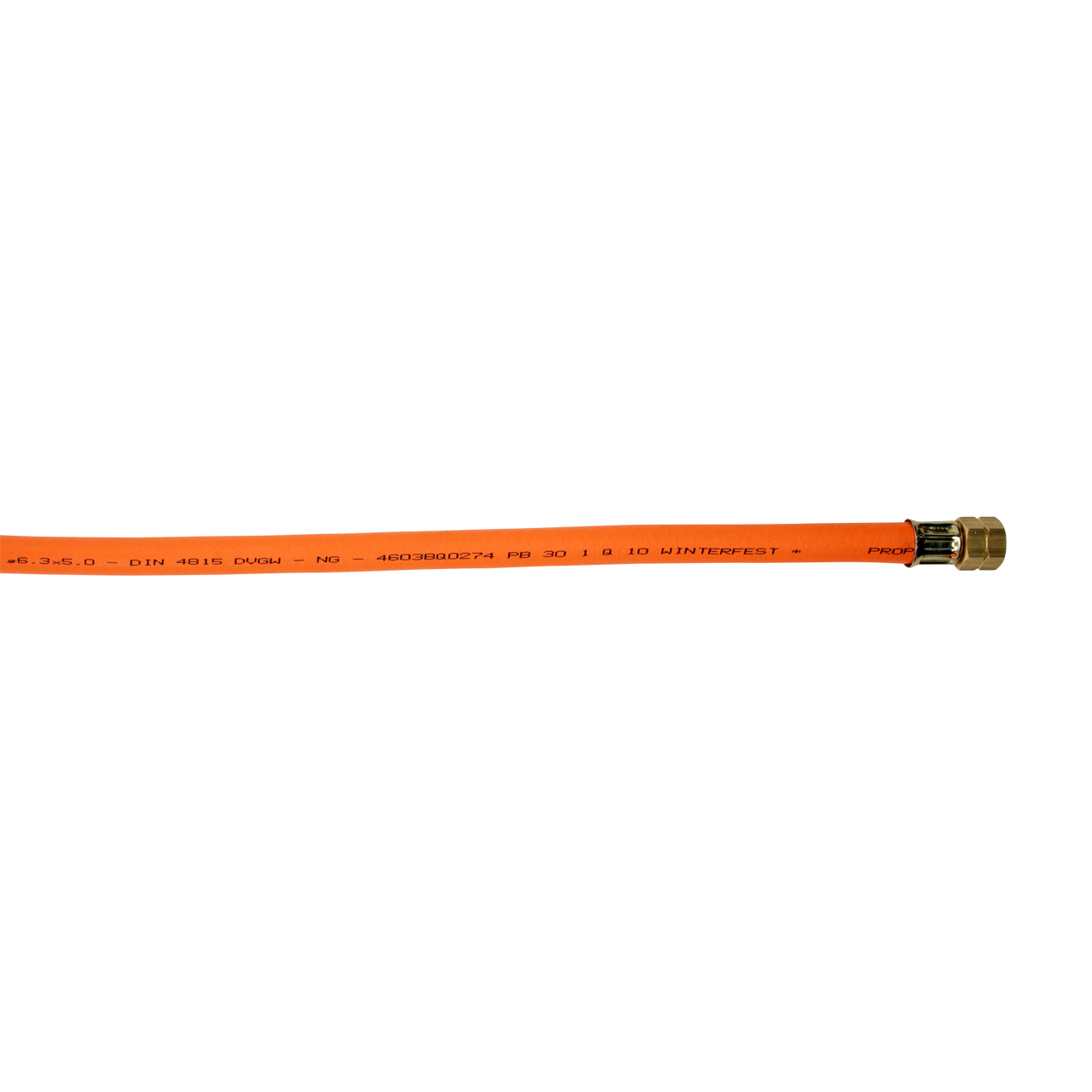 Oranger Propangasschlauch mit Metallanschluss und Aufdruck DIN 4815 DVGW