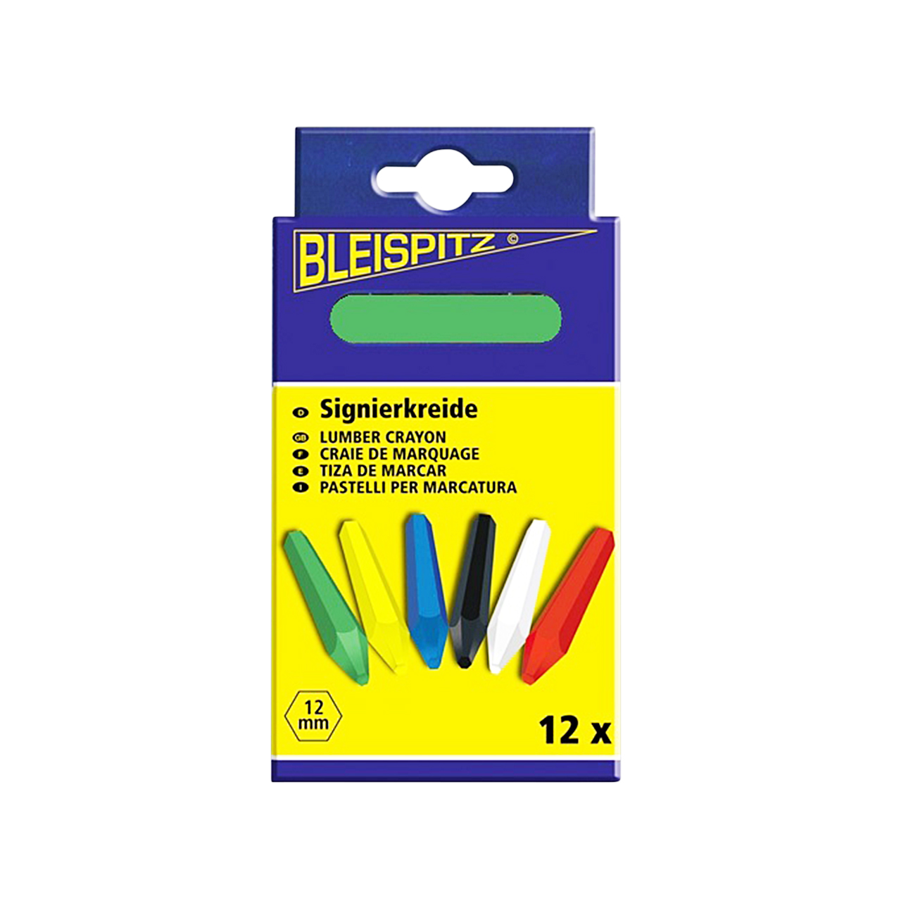 Packung mit 12 farbigen Signierkreiden von Bleispitz in Grün, Gelb, Blau, Schwarz, Weiß und Rot