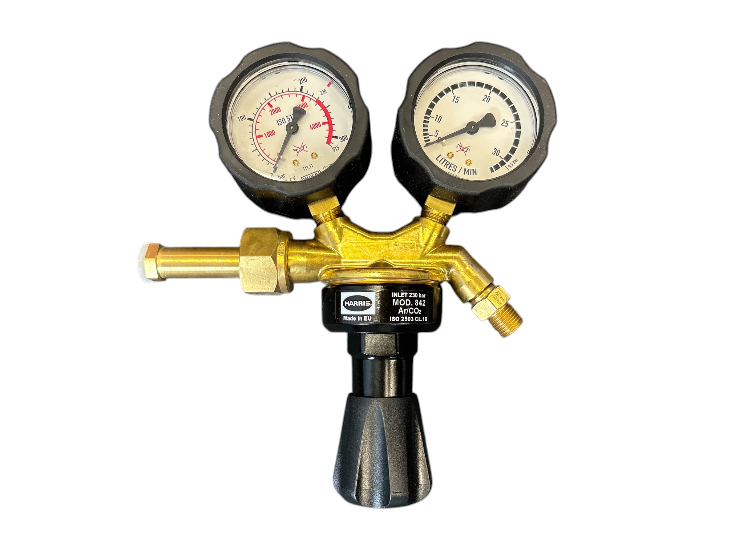 Druckminderer für Argon und CO2 mit zwei Manometern und schwarzem