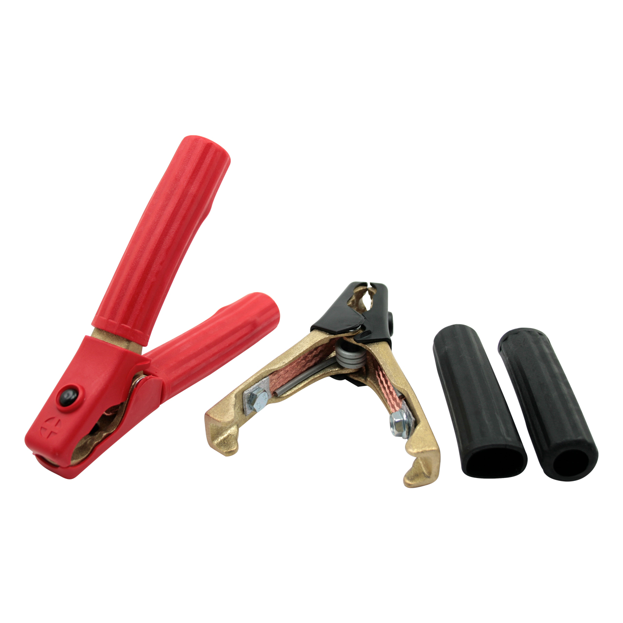 Rote Batterieklemme mit abgenommenem schwarzen Isoliermantel und sichtbarem Metallkontakt