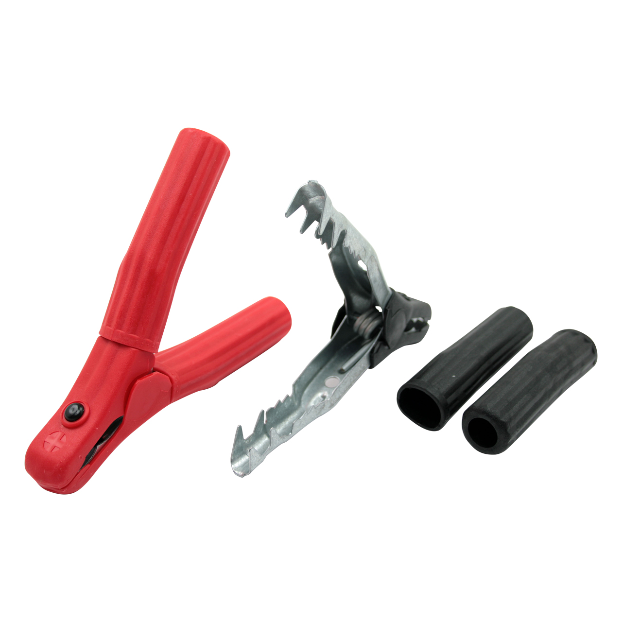 Rote Batterieklemme mit Metallzähnen und zwei schwarzen Gummischutzhüllen