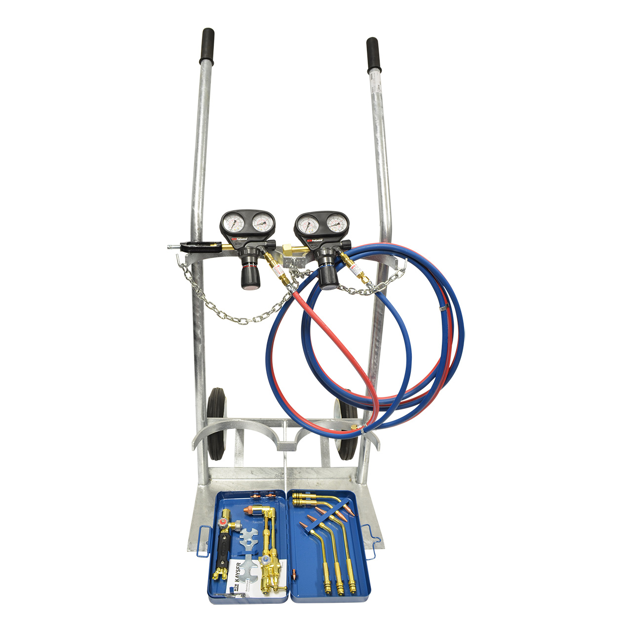 Tragbarer Schweißwagen mit zwei Druckreglern, roten und blauen Schläuchen und offenem blauen Koffer mit Schweißbrennern und Zubehör