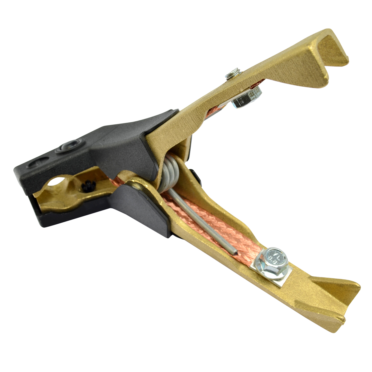 Gekröpfte Batterieklemme aus Metall mit schwarzem Kunststoffgriff und Kupferband, 1000 Ampere