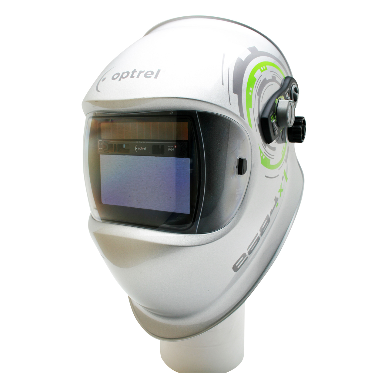 Weißer Schweißhelm Optrel e684 mit großem Sichtfenster und Einstellrad an der Seite