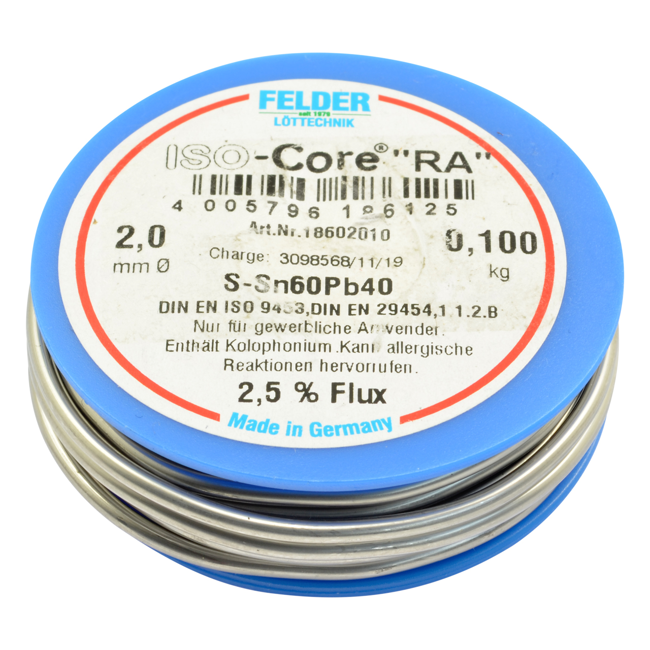Elektro Lötdraht S-Sn60Pb40, ISO-Core-RA 2,5 % Flux, Ø 2,0 mm