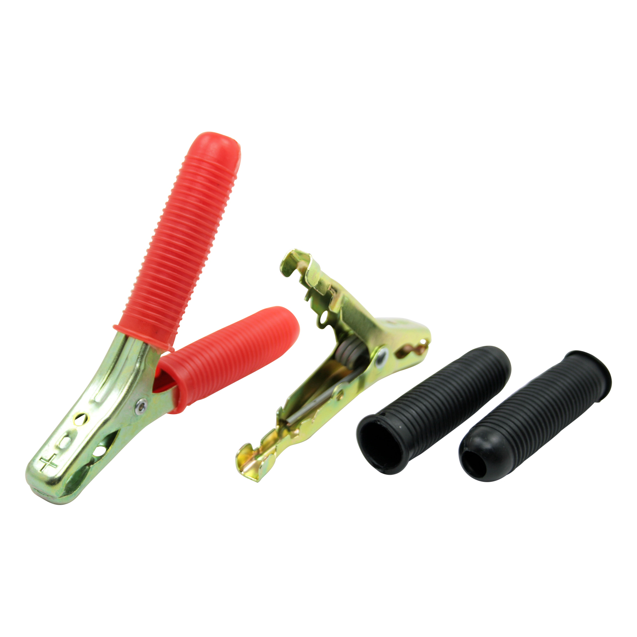 Metallische Batterieklemme mit roten Kunststoffgriffen und zwei schwarzen Gummischutzhüllen