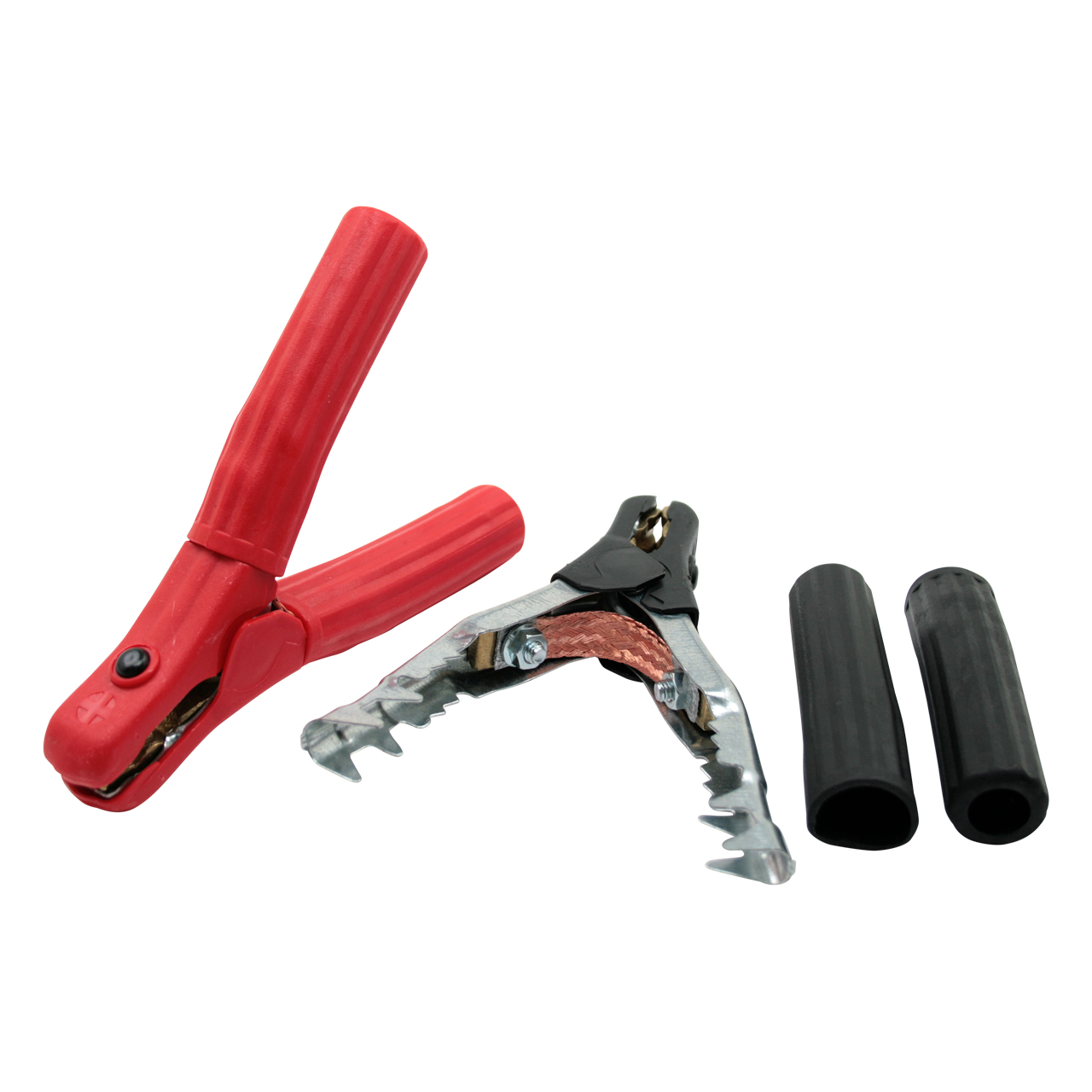 Rote Batterieklemme mit Metallzähnen und zwei schwarzen Gummischutzhüllen