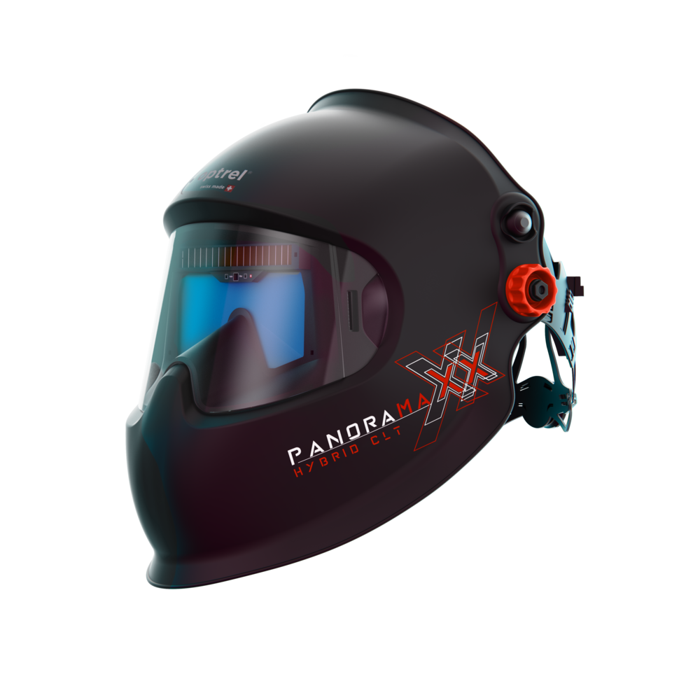 Schwarzer Schweißhelm Panoramaxx Hybrid CLT mit großem Sichtfenster und rotem Einstellrad