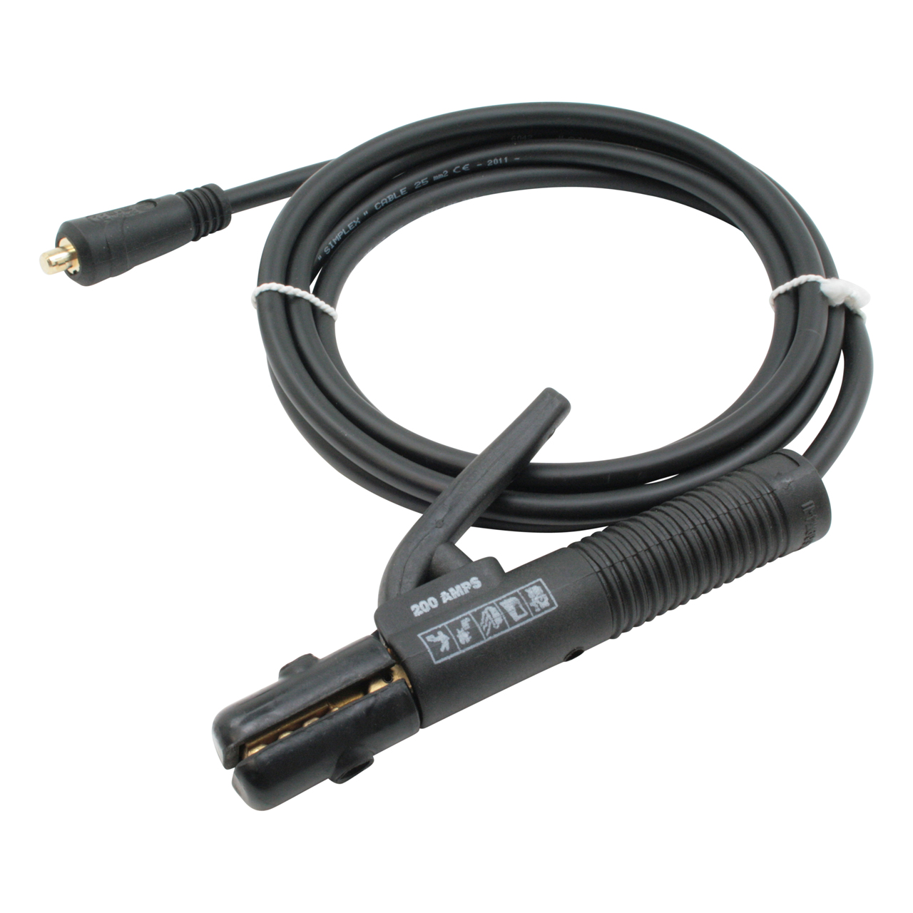 Schwarzes Schweißkabel mit Elektrodenhalter und Griff, 200 Ampere, mit Schutzsymbolen
