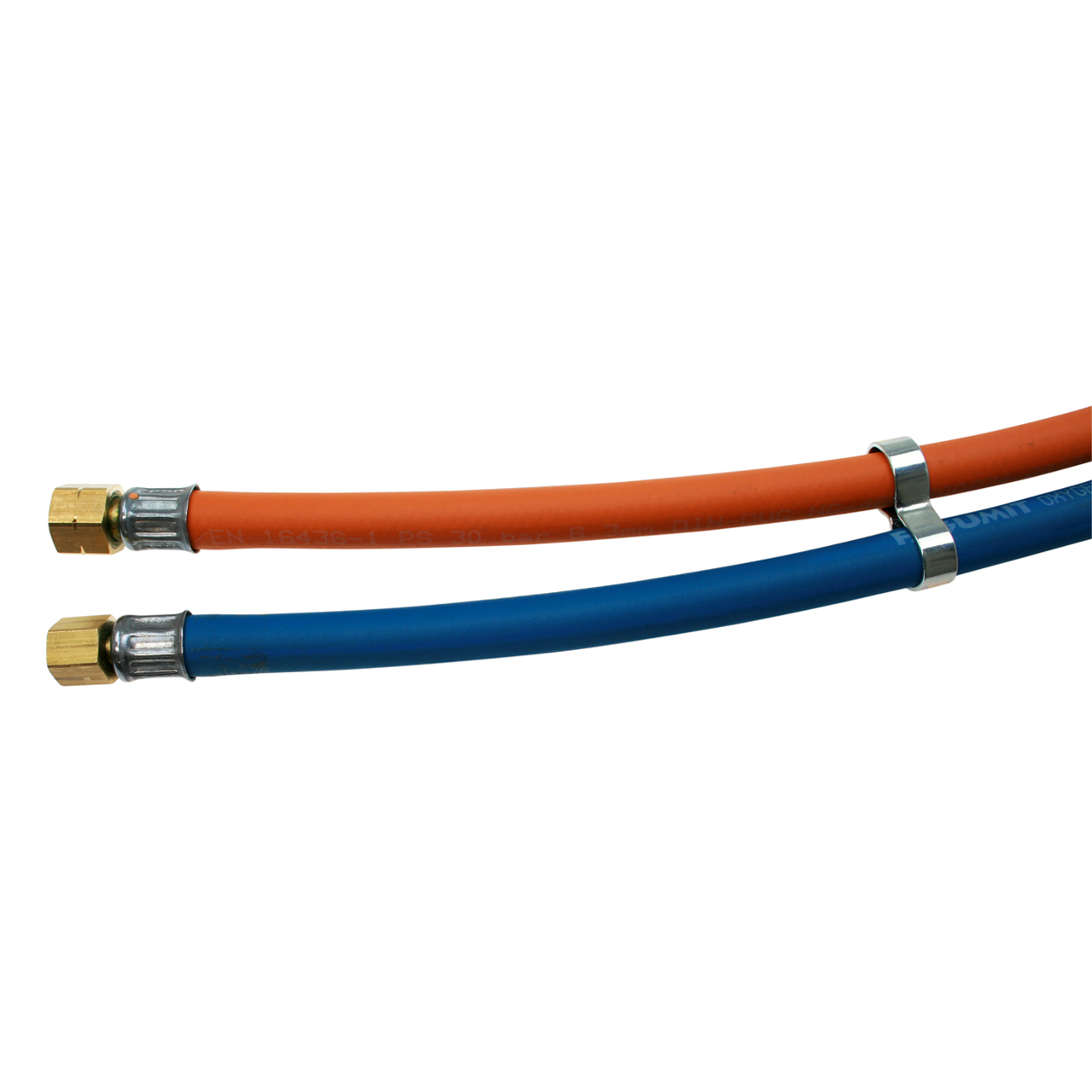 Doppelschlauch für Propan und Sauerstoff mit Messinganschlüssen und Metallklemme nach ISO 3821