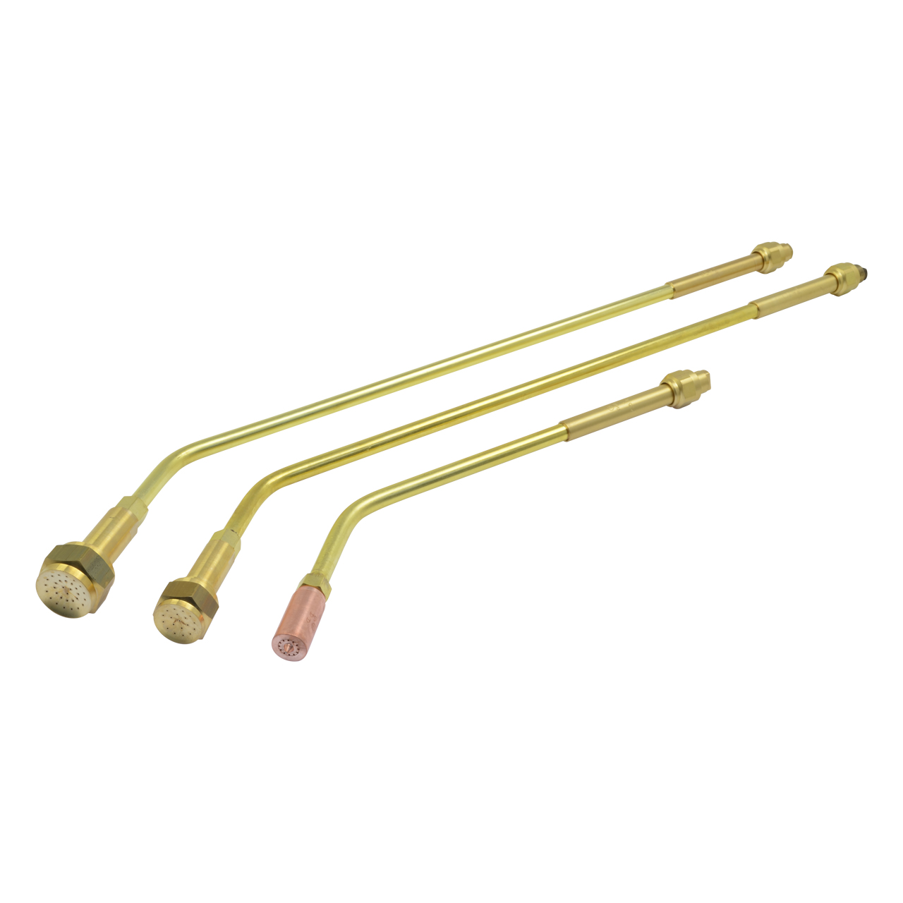 Drei gelbmetallene Anwärmbrenner mit gebogenem Rohr und unterschiedlicher Brennerkopfgröße