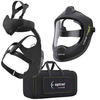 Schwarze Schweißschutzmaske Optrel Clearmaxx mit Atemschutzgerät und Transporttasche