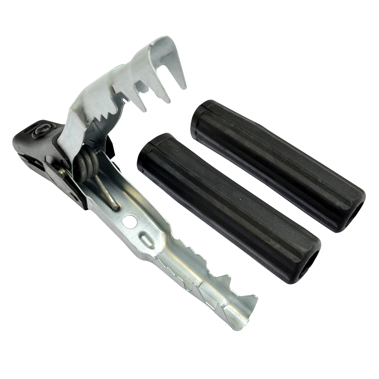 Metallische Batterieklemme mit gezackten Greifflächen und zwei schwarzen Kunststoffgriffen