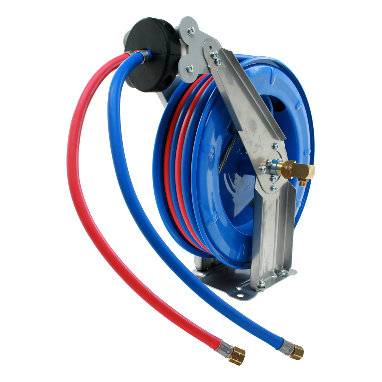 Schlauchaufroller BR9 mit rotem und blauem Schlauch, Metallgestell und blauer Trommel