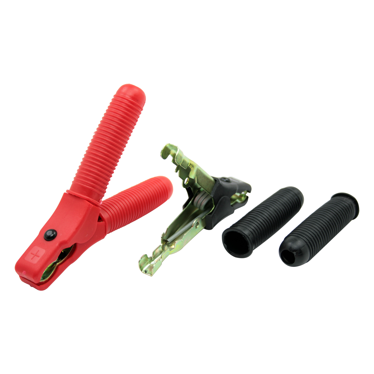 Rote Batterieklemme mit isolierendem Griff und zwei schwarzen Gummischutzhüllen