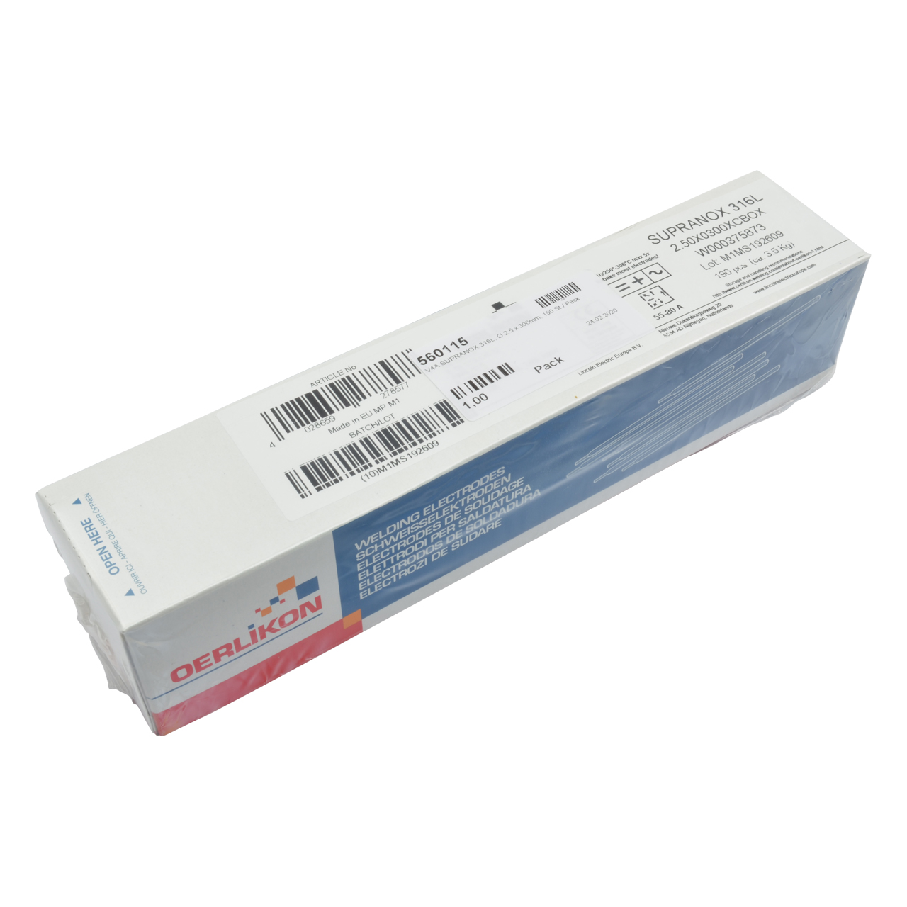 Verpackung mit Stabelektroden aus Edelstahl der Marke Oerlikon, Typ Supranox 316L, 2,5 mm Durchmesser