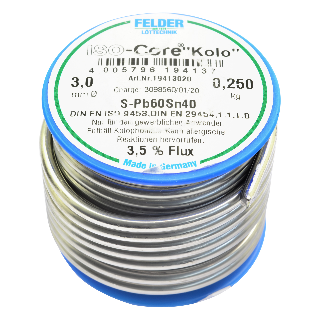 Elektro Lötdraht S-Pb60Sn40, ISO-Core-KOLO 3,5 % Flux, Ø 3,0 mm