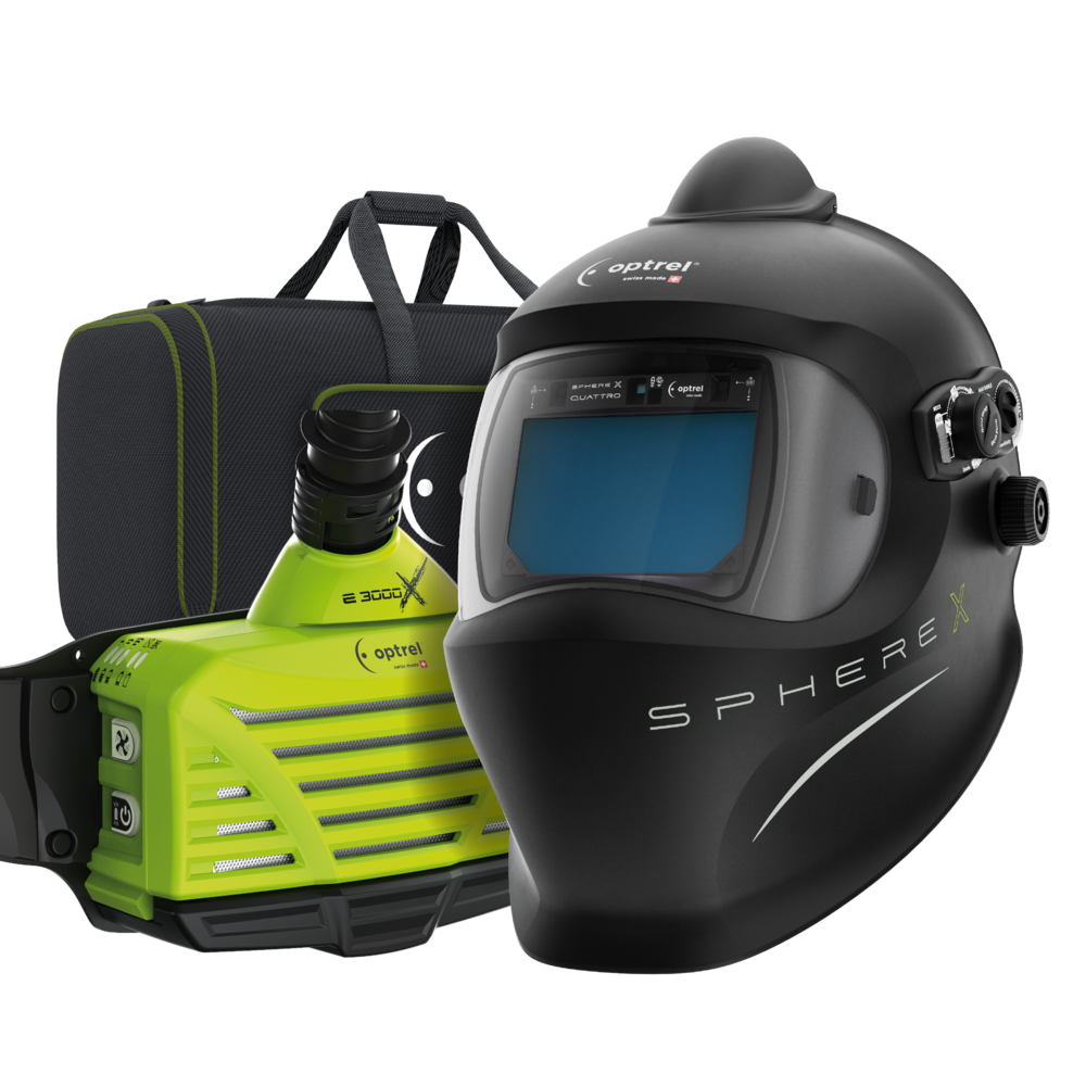 Schwarzer Schweißhelm Optrel Sphere X Quattro mit integriertem Sichtfenster und grün-schwarzer Atemschutzfilter E3000X mit Tragekoffer