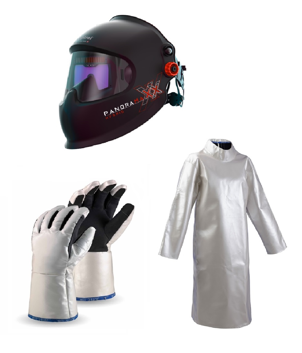 Schwarzer Helm, silberne Handschuhe, silberner Mantel
