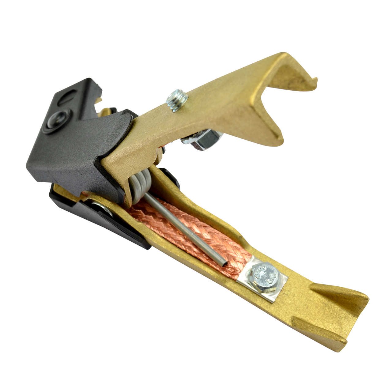 Gekröpfte Batterieklemme aus Messing mit Kupferband und schwarzer Kunststoffabdeckung