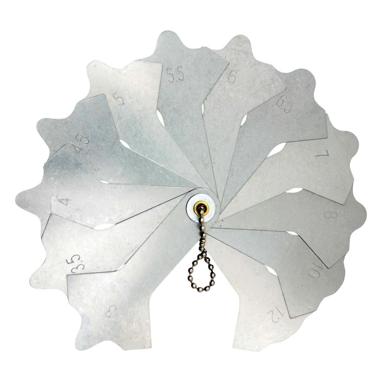 Fächerförmige Schweißnahtlehre aus Metall mit verschiedenen Winkeln von 3 bis 12 Millimeter