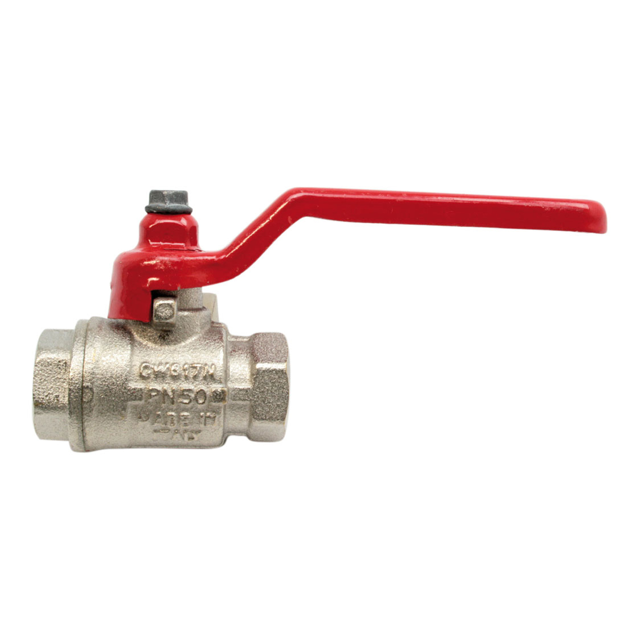 Kugelhahn aus Metall mit rotem Hebelgriff und Gewindeanschlüssen