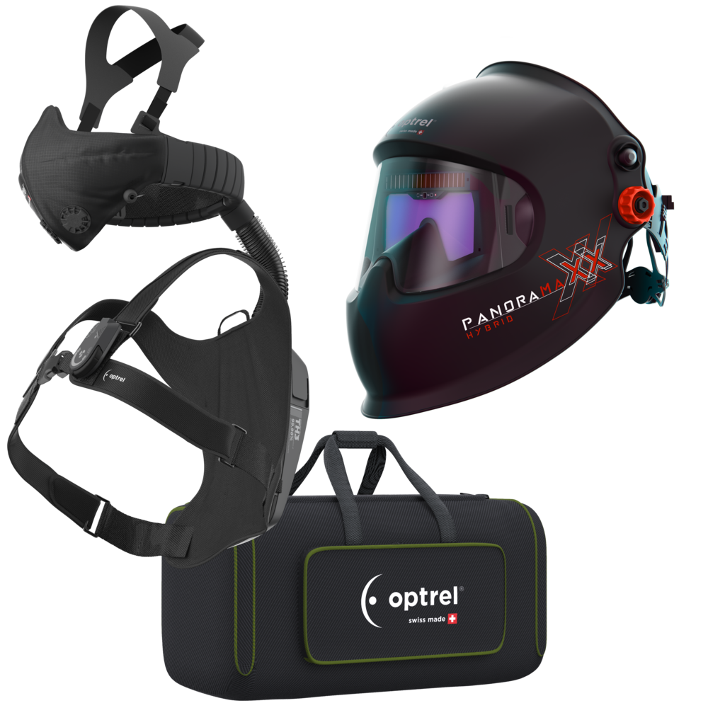 Schwarzer Schweißerhelm mit Tasche und Atemschutz