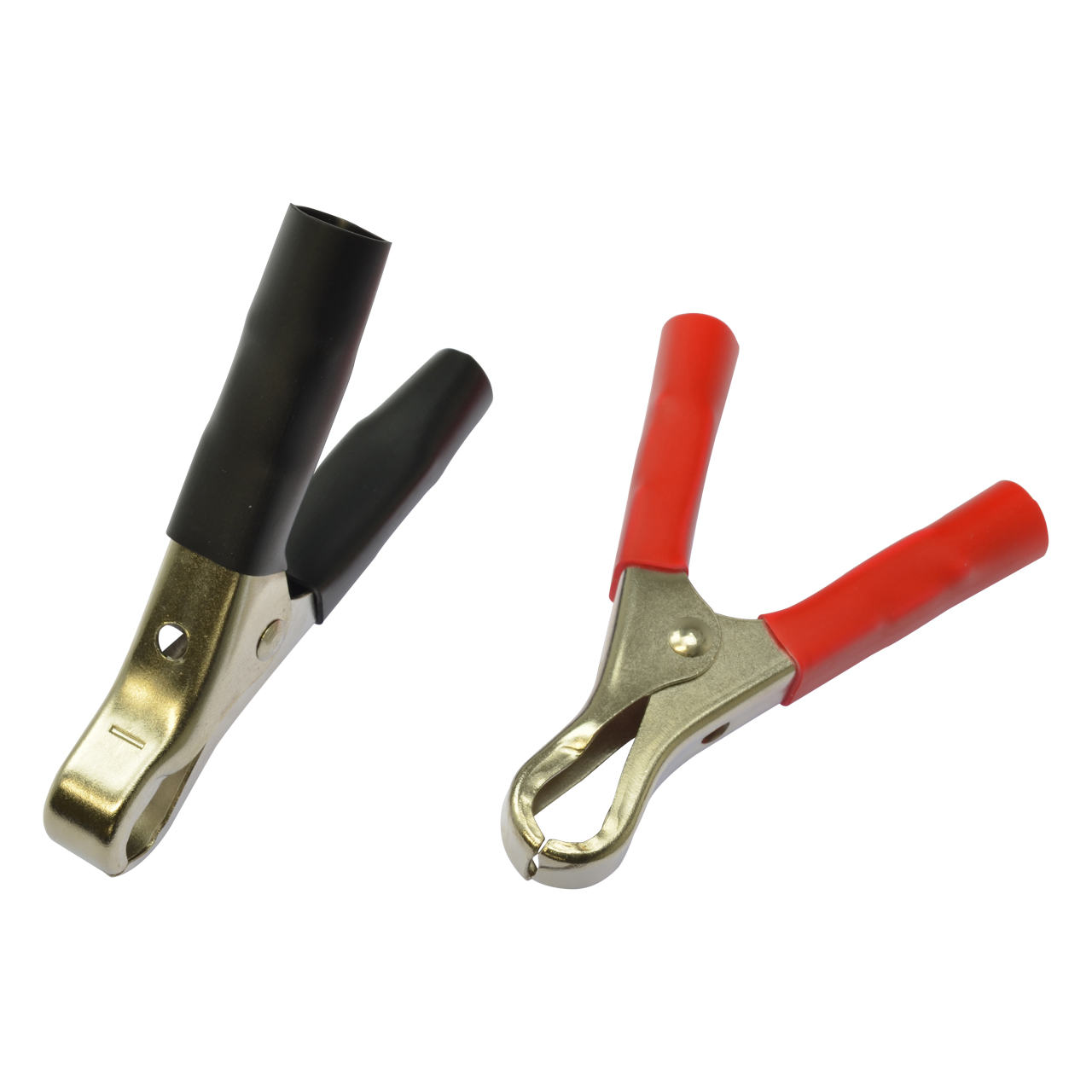 Zwei Batterieklemmen aus Metall mit Kunststoffgriffen, eine mit roten Griffen und eine mit schwarzen Griffen