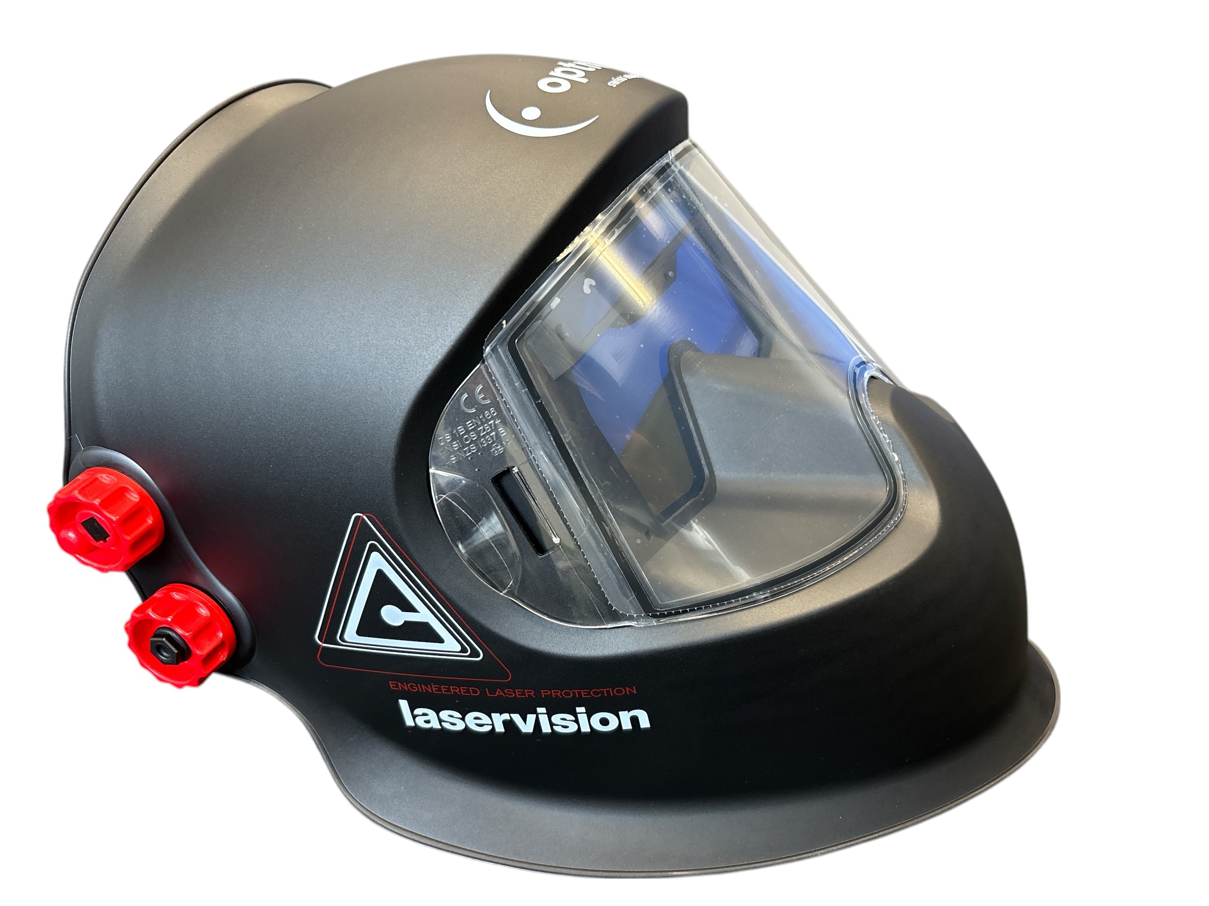 Schwarzer Schweißhelm Panoramaxx Hybrid CLT mit großem Sichtfenster und rotem Einstellrad