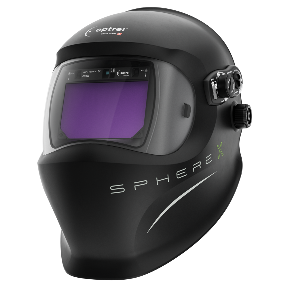 Schwarzer Schweißhelm Optrel Sphere X mit großem Sichtfenster und Einstellrädern an der Seite