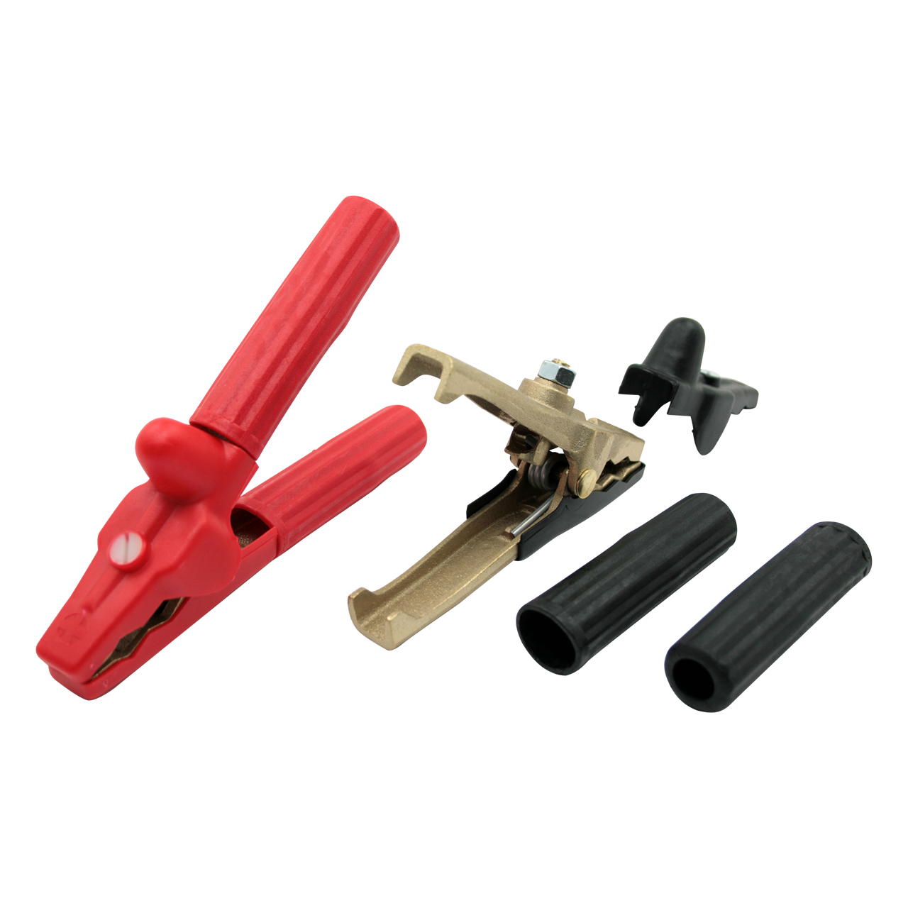 Rote Batterieklemme mit Metallzange und zwei schwarzen Kunststoffhülsen sowie schwarzer Schutzkappe