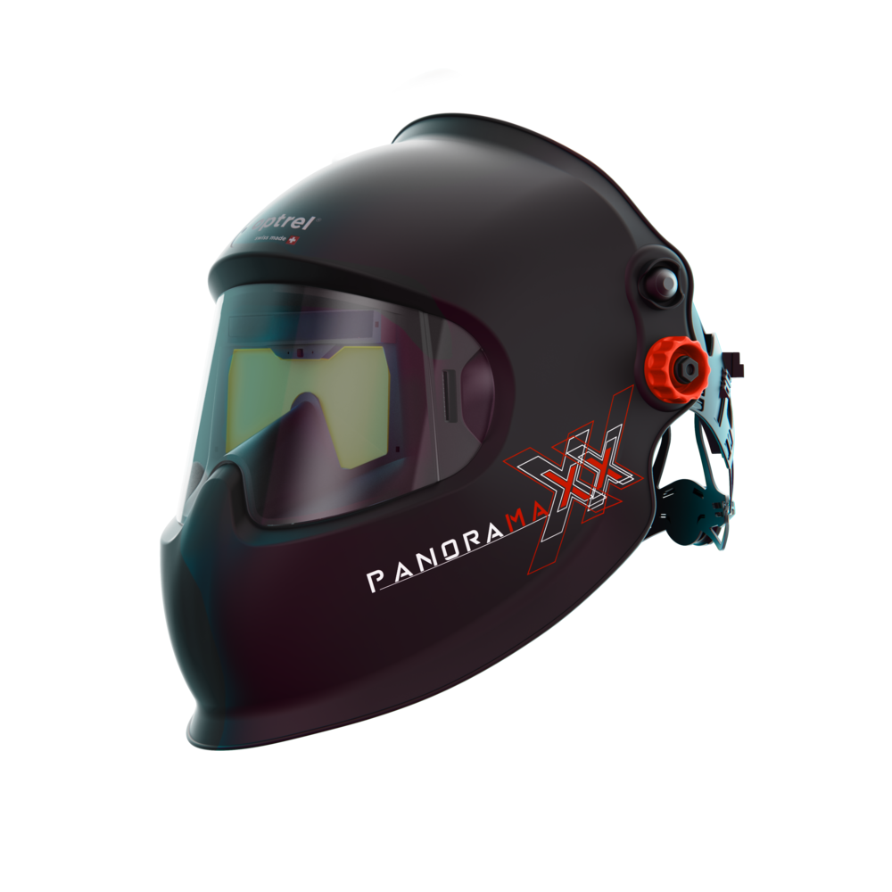 Schwarzer Schweißhelm mit großem Sichtfenster und rotem Einstellrad, Aufschrift 'PANORAMAXX'